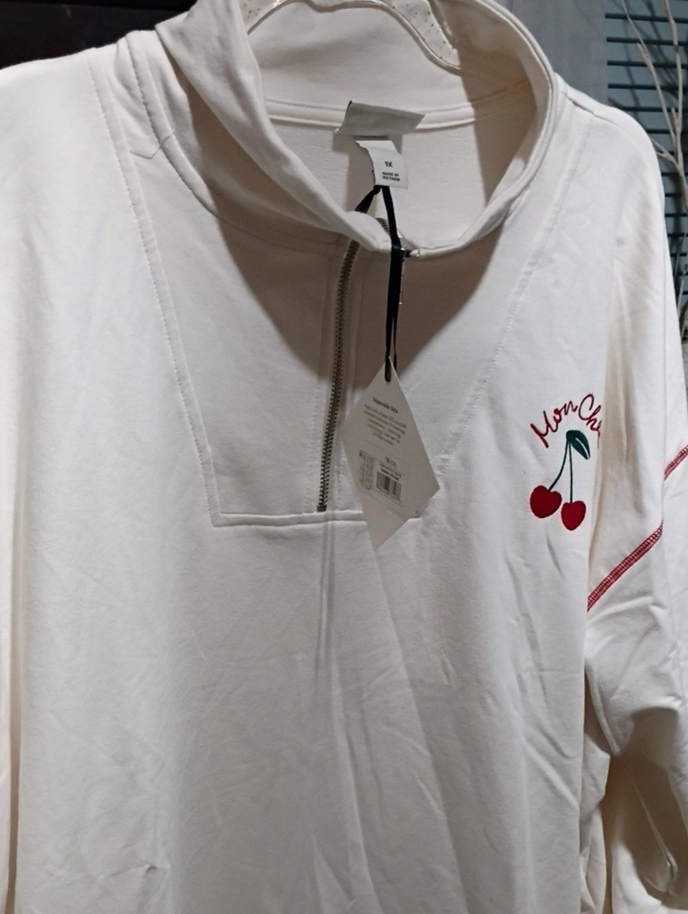 Ava & Viv White Half-Zip Pullover with Red Cherry Embroidery